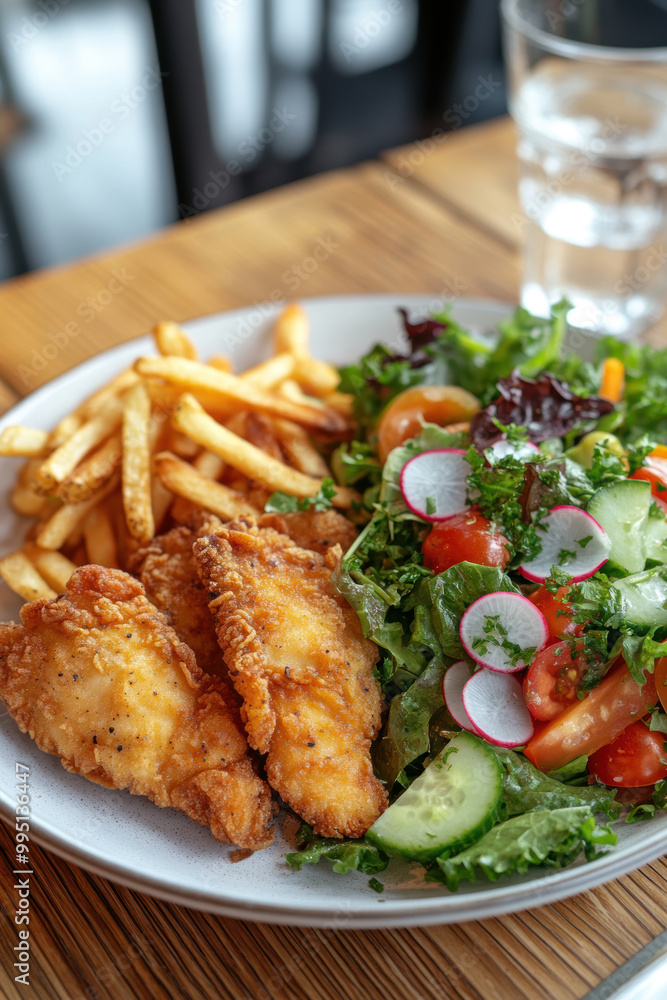 a plate of crispy, golden chicken tenders and seasoned fries. AI generative. a plate of crispy, golden chicken tenders and seasoned fries. AI generative.