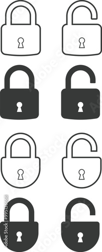 set of open and close padlock line and flat icon. collection of locked and unlocked lock on transparent background. Group Security symbol for your web site design, logo, app. safety protection