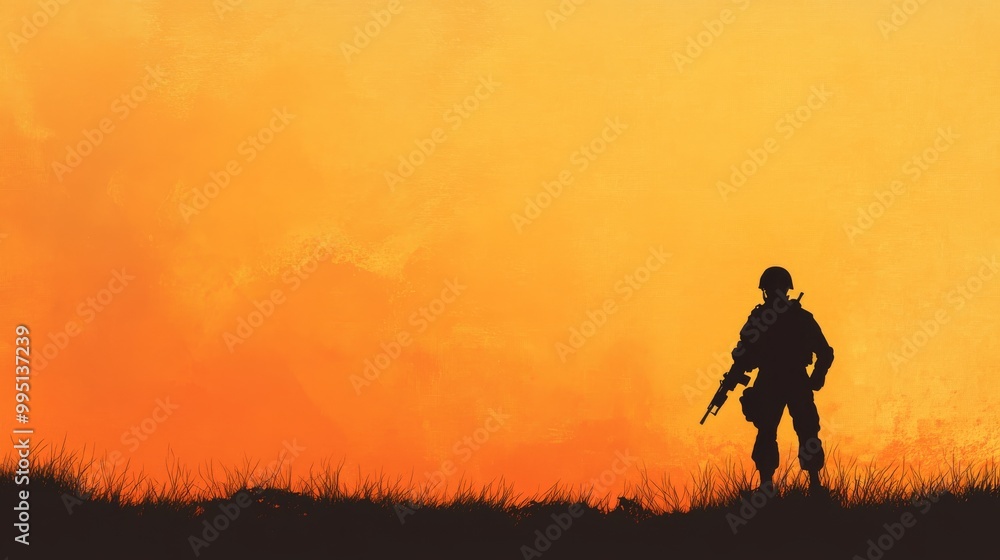 Silhouette of Soldier with Rifle at Sunset in Grassy Field Silhouette of Soldier with Rifle at Sunset in Grassy Field