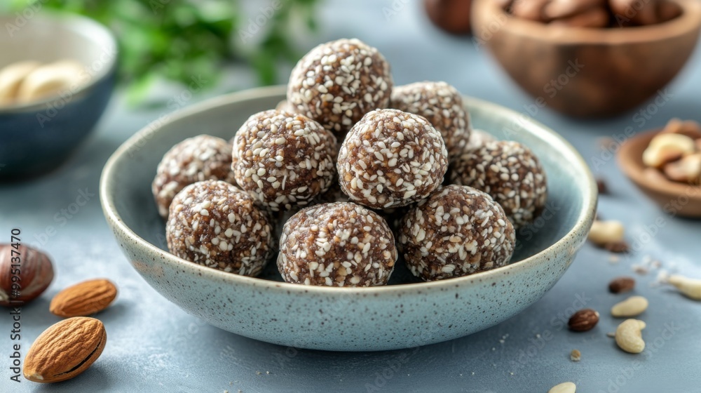 Nutritious Vegan Raw Energy Balls with Earthy Tones - Healthy and Wholesome Snack Concept Nutritious Vegan Raw Energy Balls with Earthy Tones - Healthy and Wholesome Snack Concept