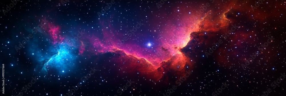 Fototapeta premium A breathtaking cosmic landscape showcasing vibrant nebulae in shades of pink and blue, intermingled with countless stars, illustrating the awe-inspiring vastness and beauty of the universe.