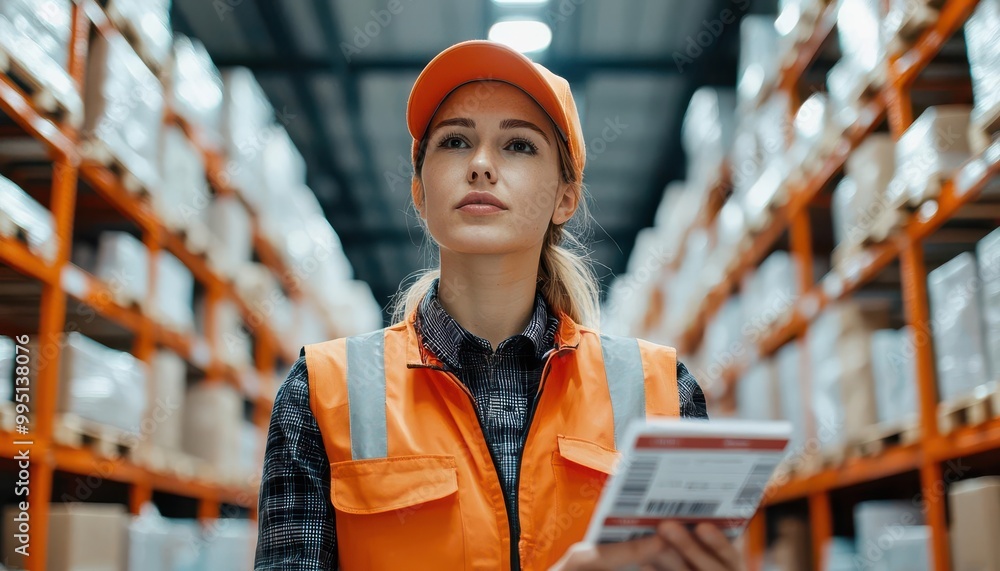 Warehouse worker scanning barcodes on packages, inventory management system, organized supply chain process, shelves filled with products, modern logistics Warehouse worker scanning barcodes on packages, inventory management system, organized supply chain process, shelves filled with products, modern logistics