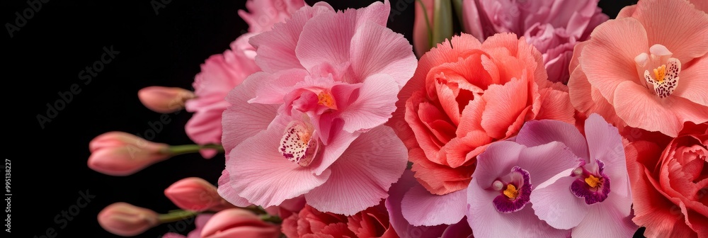 A captivating display of vibrant pink, purple, and coral orchids and roses, arranged against a dramatic black background. The flowers create a stunning visual feast, evoking feelings of beauty, love, A captivating display of vibrant pink, purple, and coral orchids and roses, arranged against a dramatic black background. The flowers create a stunning visual feast, evoking feelings of beauty, love,