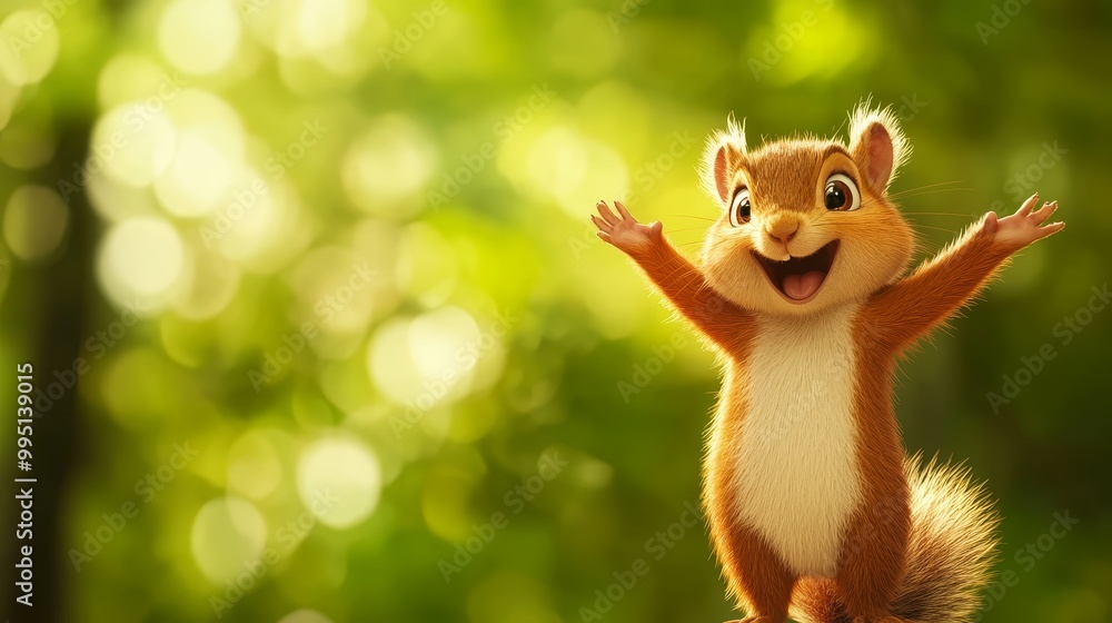 A cheerful cartoon squirrel with a joyful expression, standing in a sunny forest with green bokeh background. This image symbolizes happiness, nature, joy, friendship, and innocence. A cheerful cartoon squirrel with a joyful expression, standing in a sunny forest with green bokeh background. This image symbolizes happiness, nature, joy, friendship, and innocence.