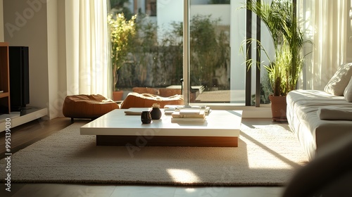 Top white wood table in living room background. 