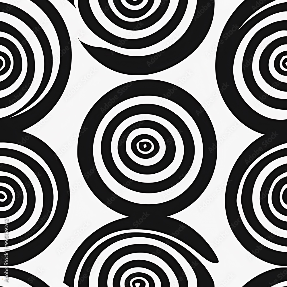 Naklejka premium Seamless geometric pattern concentric circles and spiral patterns rendered in a minimalist black and white style for a sleek background