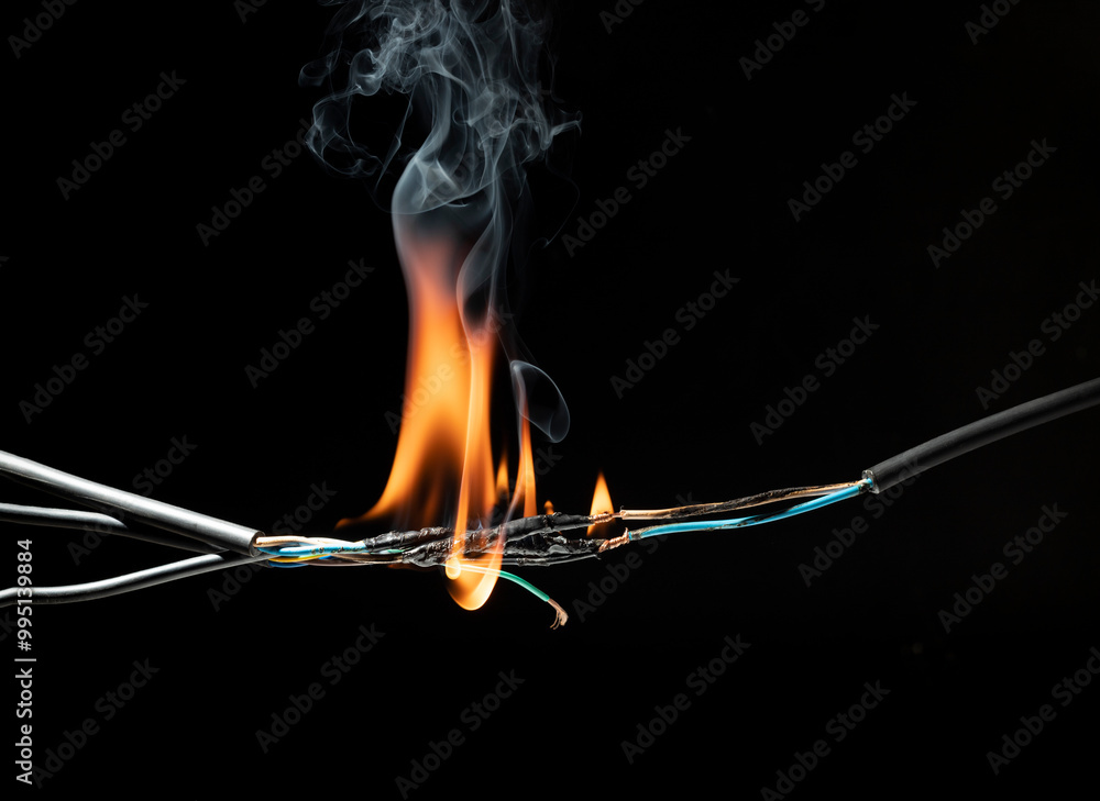 Flames from electric shocks Short-circuited cables cause sparks, explosions, excessive power usage, damaged and non-standard equipment. on a dark black background Flames from electric shocks Short-circuited cables cause sparks, explosions, excessive power usage, damaged and non-standard equipment. on a dark black background