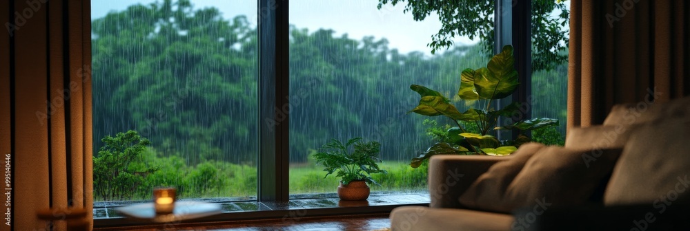 A cozy interior design with a large window overlooking a rainy forest. The room features a comfortable sofa, a potted plant, and natural light streaming in. A cozy interior design with a large window overlooking a rainy forest. The room features a comfortable sofa, a potted plant, and natural light streaming in.