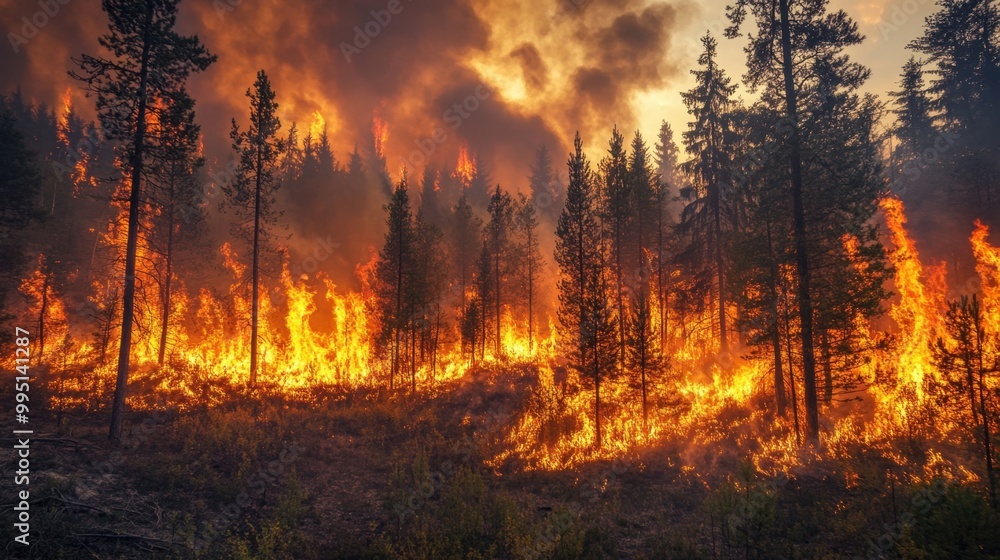 Intense forest fire burning through a dense wooded area with flames rising high and smoke billowing into the sky above Intense forest fire burning through a dense wooded area with flames rising high and smoke billowing into the sky above