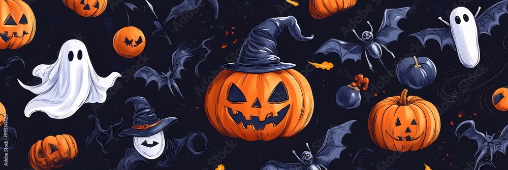 A festive Halloween pattern featuring pumpkins, ghosts, bats, and other spooky elements. Perfect for decorating, creating cards, and adding a touch of Halloween fun. A festive Halloween pattern featuring pumpkins, ghosts, bats, and other spooky elements. Perfect for decorating, creating cards, and adding a touch of Halloween fun.