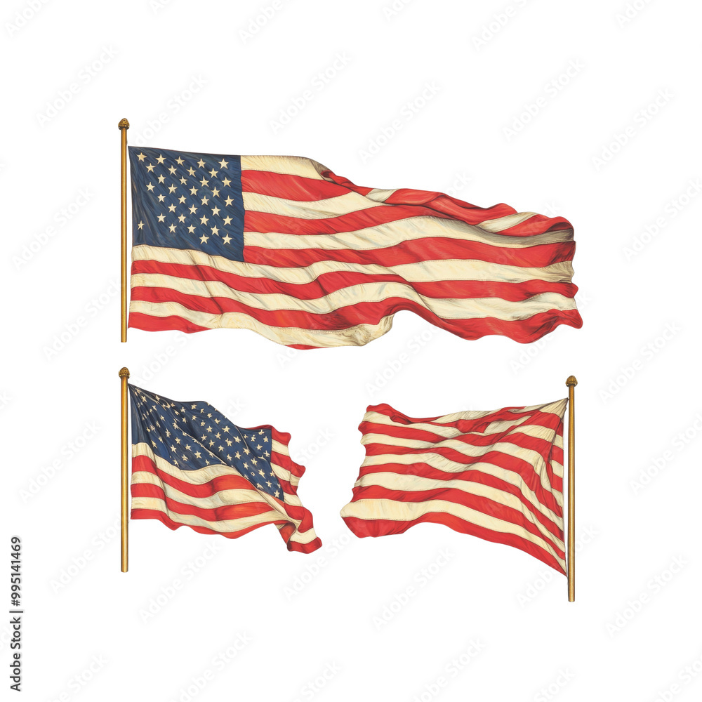 Obraz premium Three American Flags Waving in the Wind