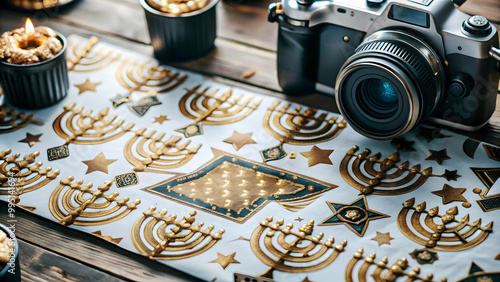Flat Watercolor Tiles Seamless Pattern of Eco-Friendly Hanukkah Menorahs in Recycled Glass - Sustainable Zero Waste Concept with Soft Colors photo
