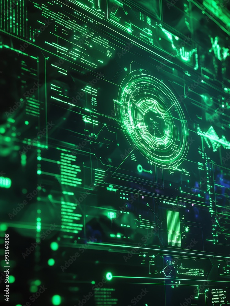 A futuristic digital interface featuring a green data visualization with circular and linear elements, representing data flow, technology, and innovation. A futuristic digital interface featuring a green data visualization with circular and linear elements, representing data flow, technology, and innovation.