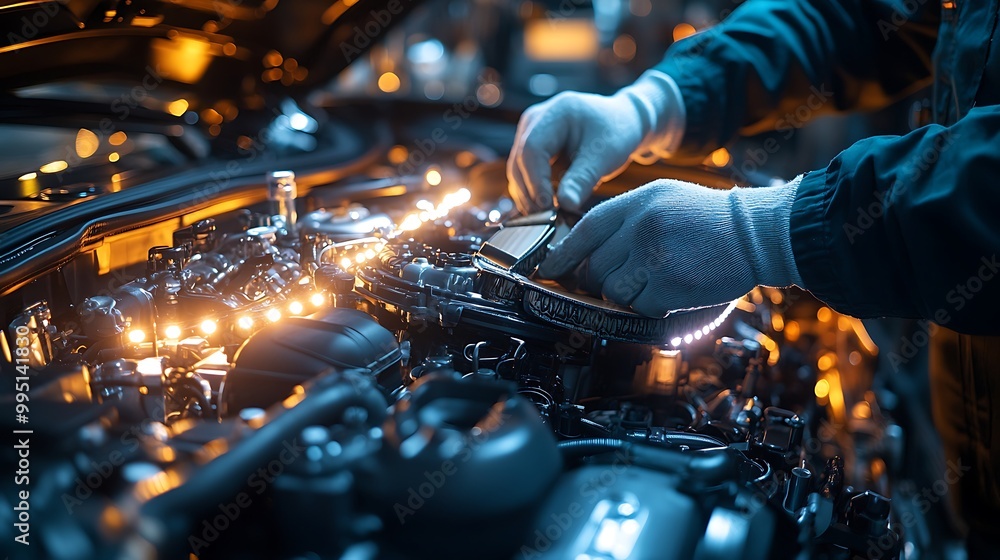 Close-up of a mechanic’s hands carefully installing a car belt, with the engine bay brightly lit by white LED lights. The clean metal surfaces reflect the light, creating a sharp, Close-up of a mechanic’s hands carefully installing a car belt, with the engine bay brightly lit by white LED lights. The clean metal surfaces reflect the light, creating a sharp,