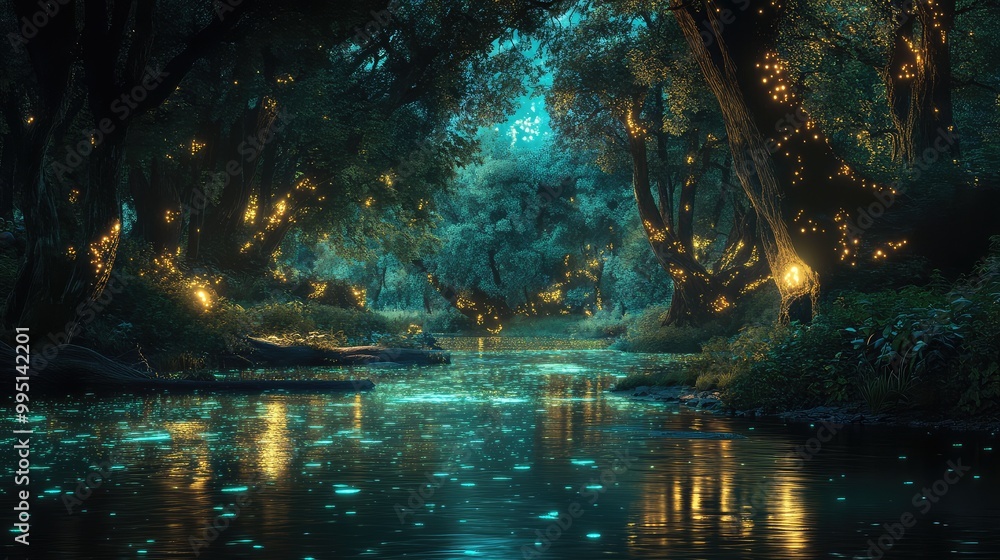 A calm river flowing through a glowing forest, with strange, bioluminescent plants growing on the banks A calm river flowing through a glowing forest, with strange, bioluminescent plants growing on the banks