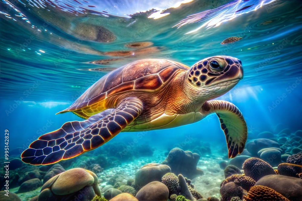 Fototapeta premium Sea turtle swimming underwater with coral reef backdrop