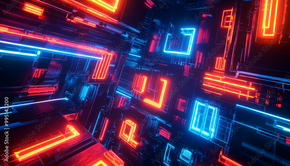 Bright, glowing neon signs in various shapes and colors, with a futuristic, cyberpunk-style backdrop Bright, glowing neon signs in various shapes and colors, with a futuristic, cyberpunk-style backdrop