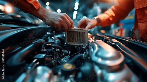 Close-up of a mechanic’s hands replacing a dirty air filter with a new one in a car engine. The bright lighting reflects off the shiny engine components, with tools neatly organized in the background.