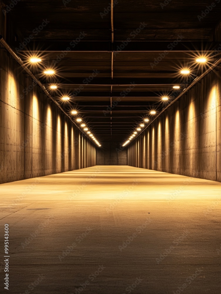 A long, empty concrete corridor illuminated by warm lights, creating a sense of mystery and anticipation. The perspective leads the viewer towards a distant unknown. A long, empty concrete corridor illuminated by warm lights, creating a sense of mystery and anticipation. The perspective leads the viewer towards a distant unknown.