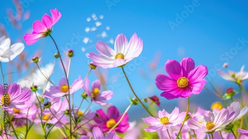 Spring Bloom Colorful Cosmos Flowers Under a Clear Sky