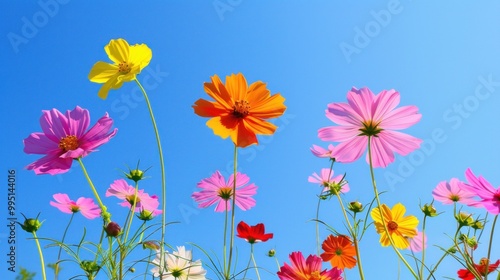 Spring Bloom Colorful Cosmos Flowers Under a Clear Sky