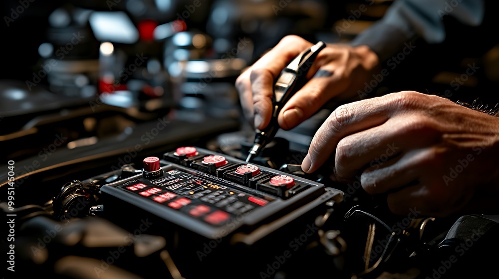 Detailed close-up of a mechanic’s hands using a multimeter to check the voltage of a car battery, with the engine bay illuminated by soft white LED lights. Detailed close-up of a mechanic’s hands using a multimeter to check the voltage of a car battery, with the engine bay illuminated by soft white LED lights.