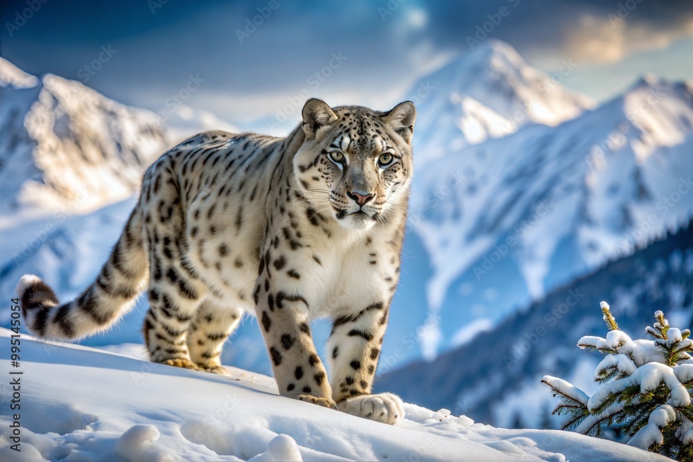 Obraz premium Snow leopard on mountain slope with snowy peaks