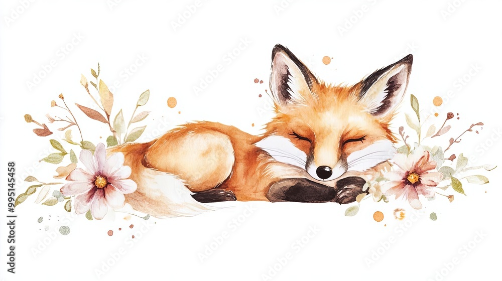 Fototapeta premium Sleepy fox surrounded by delicate flowers and greenery