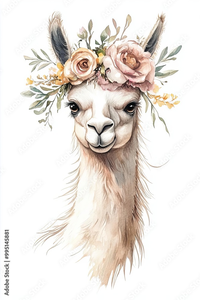 Fototapeta premium Charming llama adorned with a floral crown