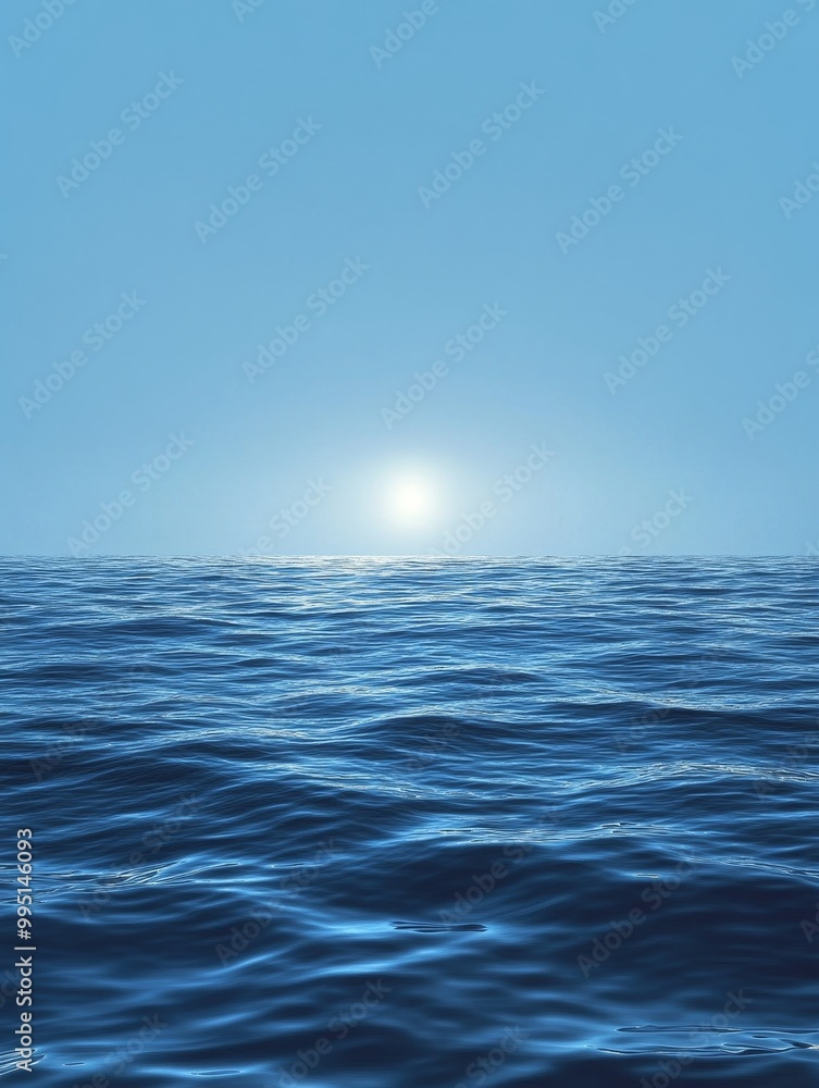 Fototapeta premium A serene view of a vast ocean with soft rolling waves and a distant sun, representing tranquility, peace, nature, horizon, and serenity.