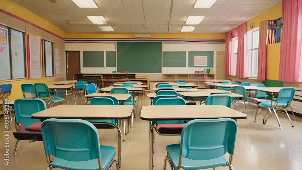 A colorful yet retro style empty classroom with only chairs and table, good lighting, the ambience is in 80's with some standard decoration on the wall. A colorful yet retro style empty classroom with only chairs and table, good lighting, the ambience is in 80's with some standard decoration on the wall.