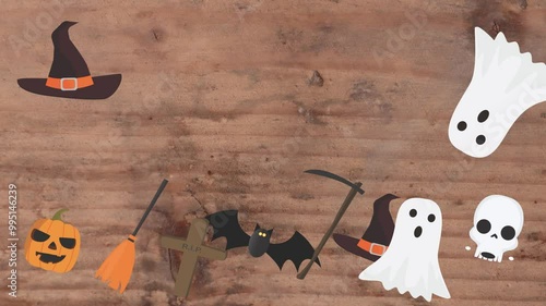 Motion graphics with Halloween elements designs on the wood texture screen photo