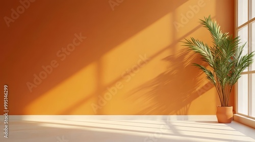 Wallpaper Mural A simple yet elegant room featuring a bright orange wall, sunlight streaming through a window, and a potted plant adding a touch of nature. Torontodigital.ca