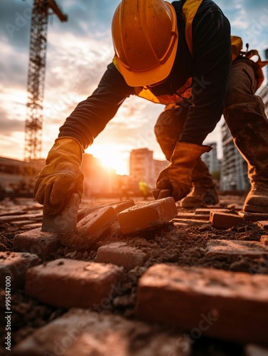 A skilled bricklayer meticulously lays bricks on a construction site, his focused gaze reflecting his dedication to building a solid foundation. The warm glow of the setting sun casts a golden hue ove