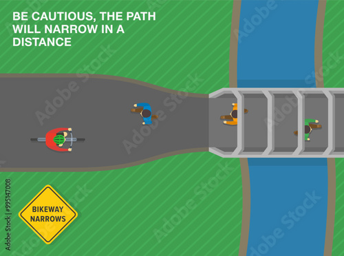 Safe driving tips and traffic regulation rules. United States "bikeway narrows" sign meaning. Top view of a pedestrians and cyclist. Flat vector illustration template.