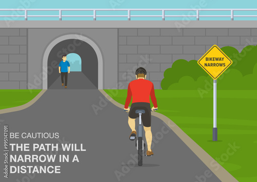 Safe driving tips and traffic regulation rules. United States "bikeway narrows" sign meaning. Back view of a cyclist approaching tunnel in the park. Flat vector illustration template.