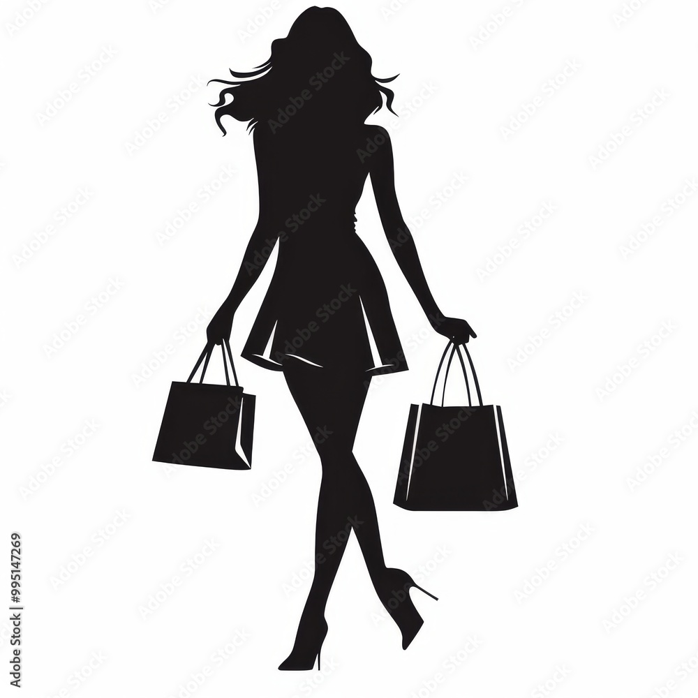 Silhouette of a Fashionable Woman Shopping with Bags in Hand Silhouette of a Fashionable Woman Shopping with Bags in Hand