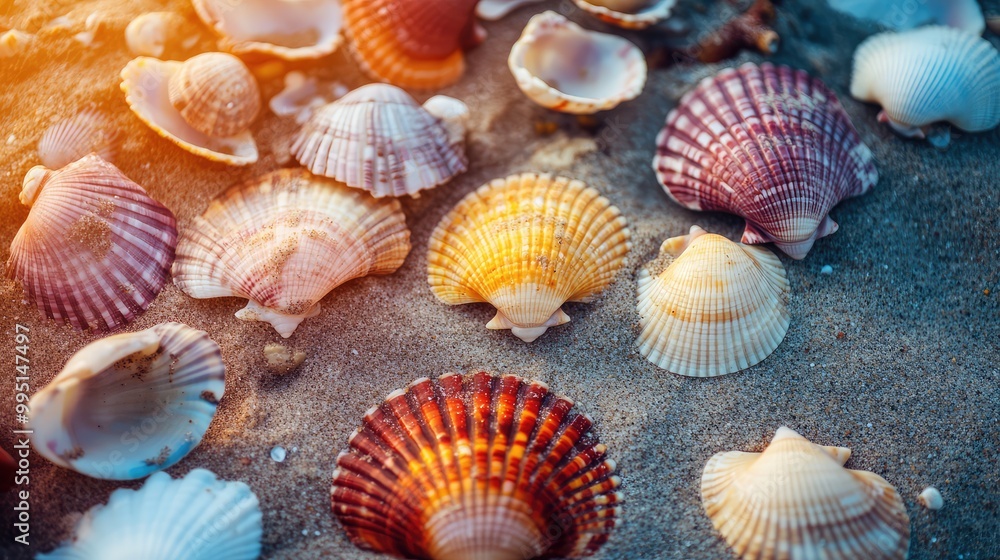 A close-up of seashells in various colors scattered on a sandy beach A close-up of seashells in various colors scattered on a sandy beach