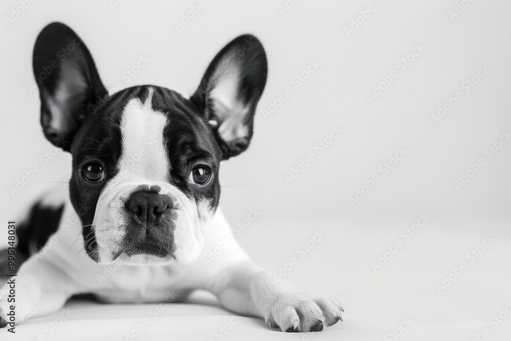Black And White Puppy. French Bulldog Puppy on White Background Looking Playful Black And White Puppy. French Bulldog Puppy on White Background Looking Playful