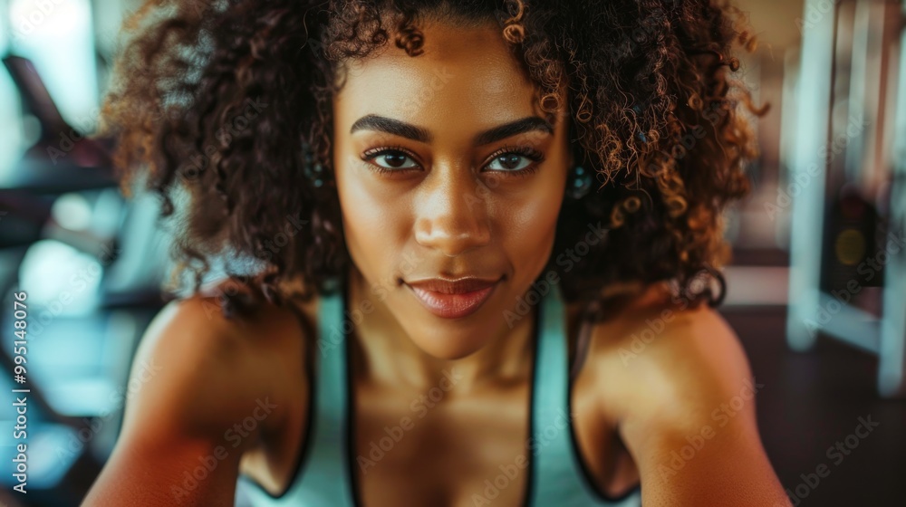 Black Person Working Out. Closeup of Brunette Woman with Curly Hair Exercising on Exercise Bike in Colorful Gym Black Person Working Out. Closeup of Brunette Woman with Curly Hair Exercising on Exercise Bike in Colorful Gym