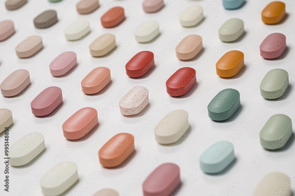 A detailed view of assorted antihistamine tablets in various colors and shapes against a white backdrop, designed for educational health imagery. A detailed view of assorted antihistamine tablets in various colors and shapes against a white backdrop, designed for educational health imagery.