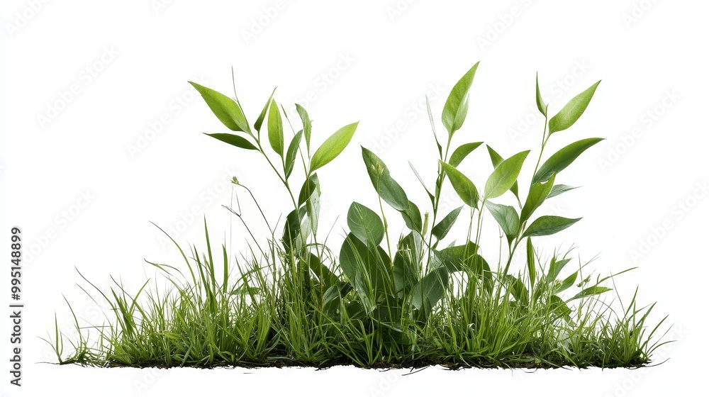 Obraz premium A vibrant cluster of green grass and plants, symbolizing growth, nature, and vitality. The lush foliage creates a sense of tranquility and freshness.