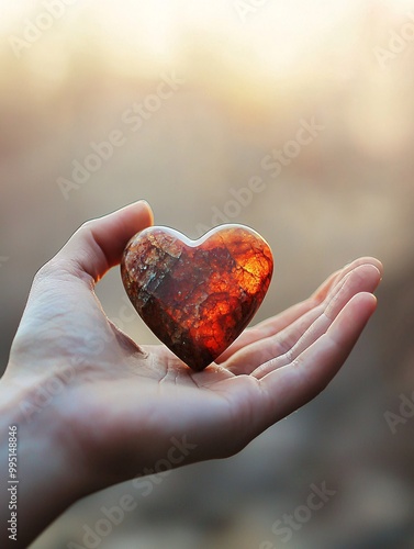 An open hand grasps a heart-shaped stone, embodying the pain of unreturned affection against a gentle, indistinct backdrop. photo