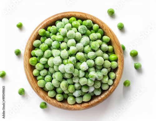 frozen peas in wooden bowl, top view, flat lay, isolated white background