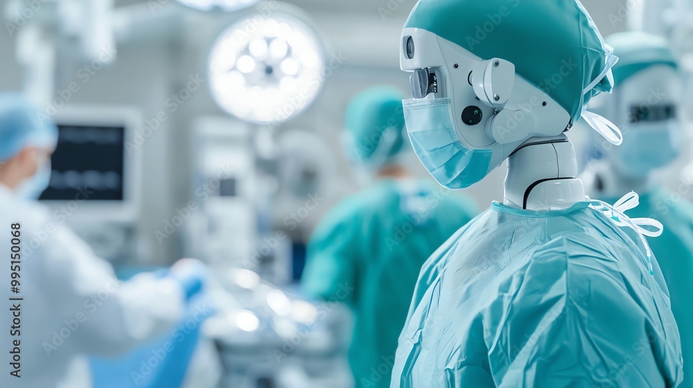 A surgical setting featuring a robotic assistant in scrubs, aiding medical staff amid advanced technology and equipment. A surgical setting featuring a robotic assistant in scrubs, aiding medical staff amid advanced technology and equipment.