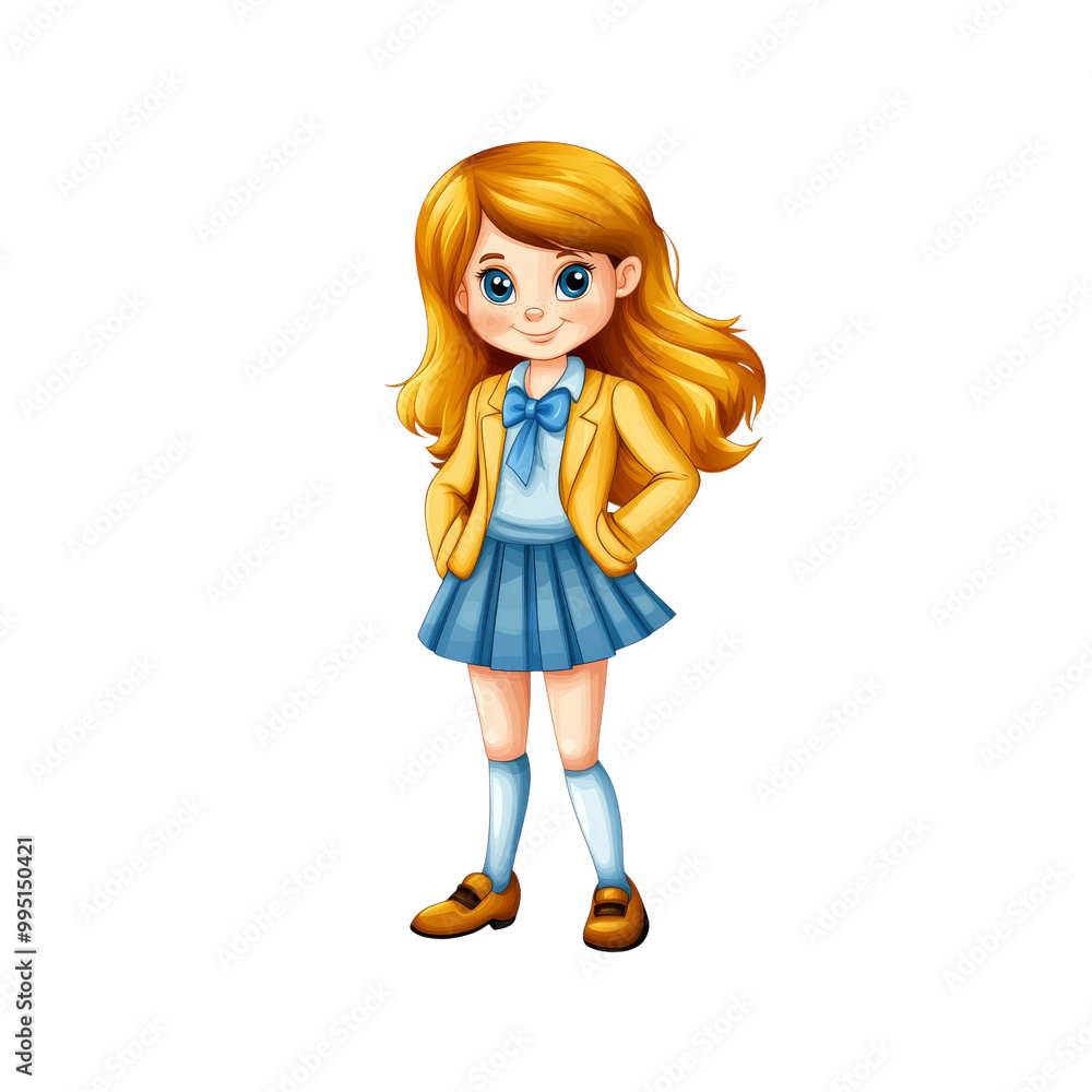 Cute Schoolgirl in Yellow Jacket and Blue Skirt Cute Schoolgirl in Yellow Jacket and Blue Skirt