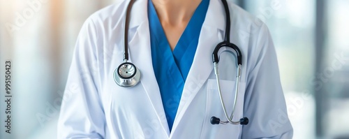 A healthcare professional in a white coat with a stethoscope, symbolizing medical expertise and care within a clinical environment.