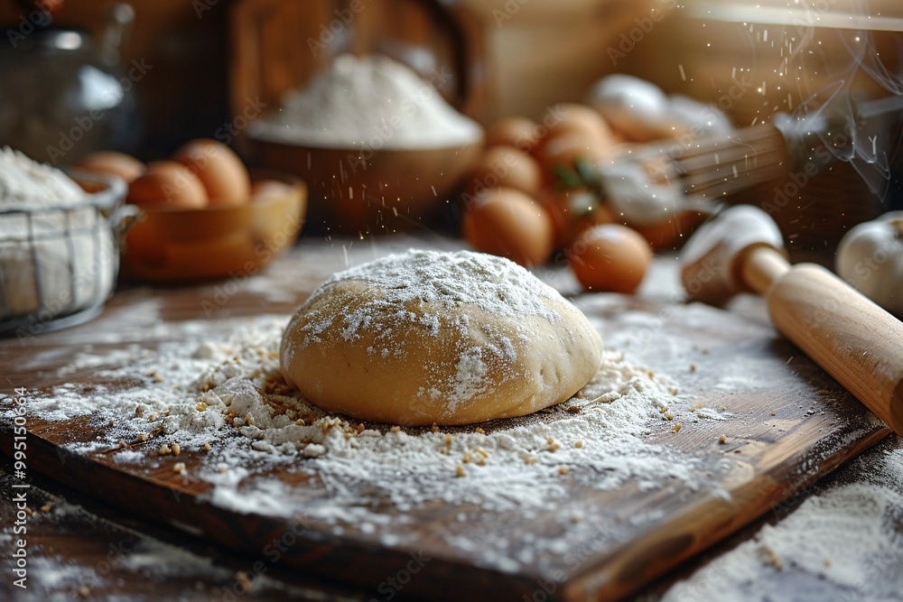 An image featuring a rolling pin and white flour dusted on a dark wooden surface, with a soft focus on the prepared dough for crafting a pizza. An image featuring a rolling pin and white flour dusted on a dark wooden surface, with a soft focus on the prepared dough for crafting a pizza.