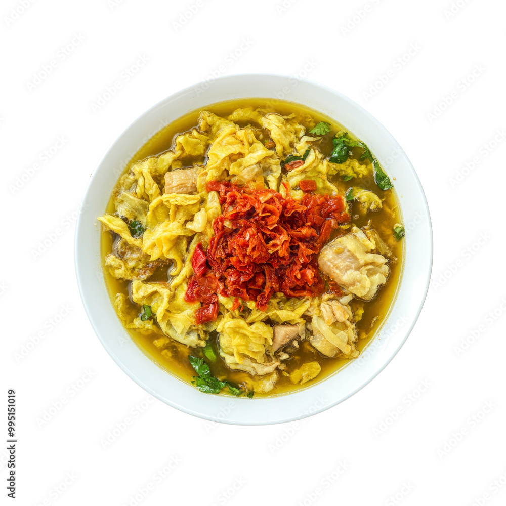 Delicious Indonesian Soto Ayam Soup with Fried Eggs and Chili Paste Delicious Indonesian Soto Ayam Soup with Fried Eggs and Chili Paste