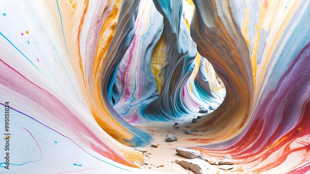 Obraz premium The image shows a surreal and vibrant canyon with multicolored, rotating rock formations.